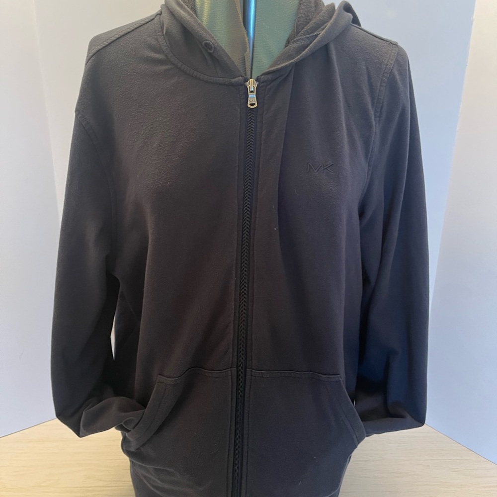 Michael Kors Size M Mens Fleece Logo Zip Up Blue Hoodie drawstring is missing.